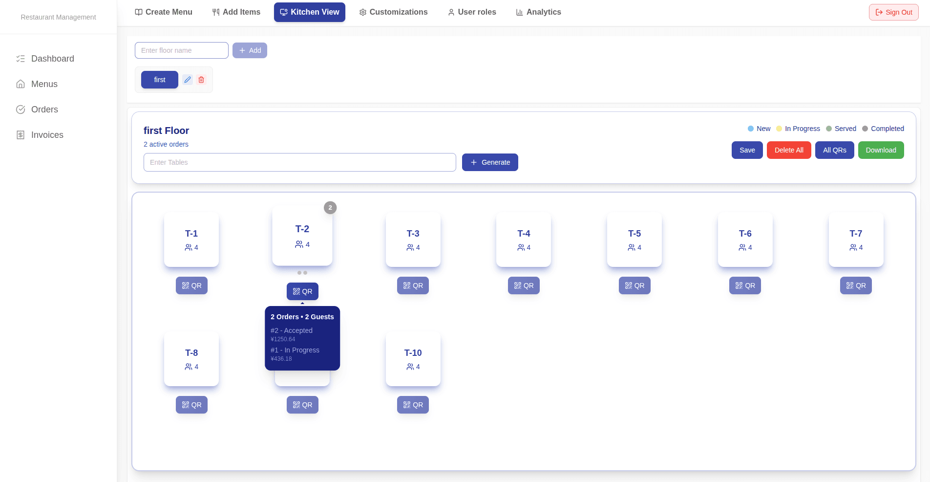 Table Management Interface Dashboard